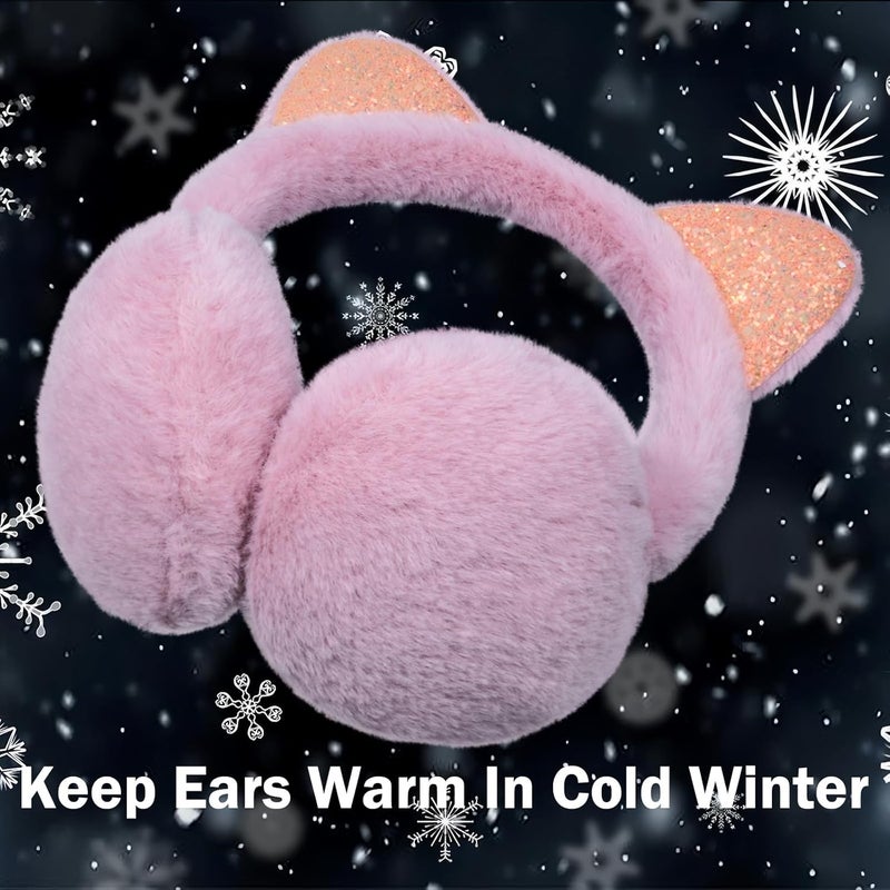 EDCYF Ear Muffs Gloves Set for Kids Girls Winter Ear Muffs Adjustable Sequins Warm Earmuffs Furry Outdoor - Image 5